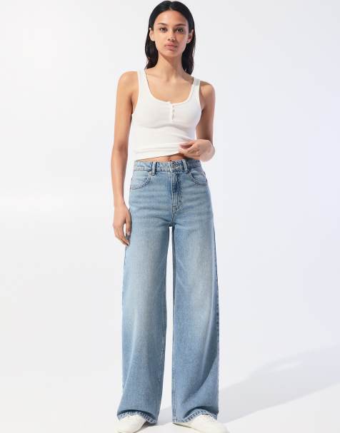 Pull&Bear Petite – Mellanblå jeans med hög midja och vida ben - view 1