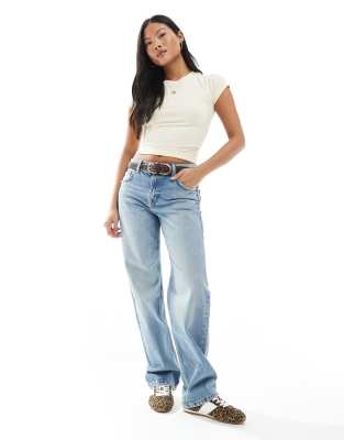 Petite mid rise straight leg jeans in medium blue