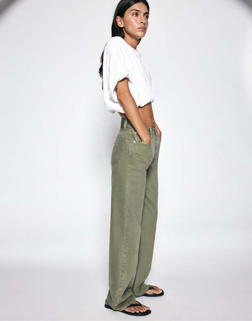 Pull&Bear Petite raka jeans med vida ben i khaki, 4 av 7
