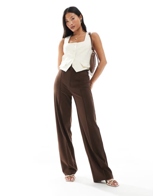 Pull&Bear - Petite - Rechte elegante broek met naad aan de voorkant in chocoladebruin, 5 van 5
