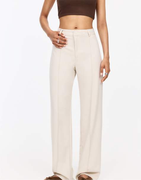 Pull&Bear Petite smart trousers with seam detail in medium ecru