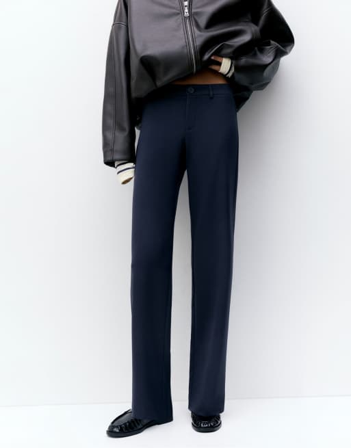Pull&Bear Petite straight-leg smart trousers in navy, 4 of 7