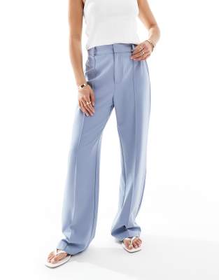 Pull & Bear Petite Straight Leg Tailored Pants With Front Seam In Blue