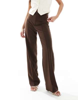 Pull & Bear Petite Straight Leg Tailored Pants With Front Seam In Chocolate Brown