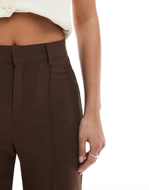 Pull&Bear Petite straight leg tailored trousers with front seam in chocolate brown, 3 of 5