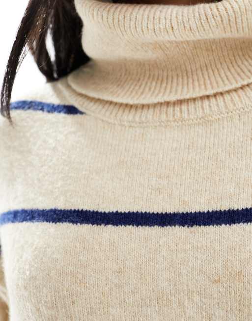 Pull&Bear – Piaskowa sukienka dzianinowa z golfem w paski, 3 z 4
