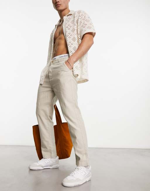 Pull&Bear – Piaskowe lniane spodnie chinosy 