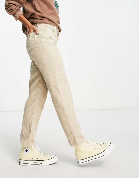 Pull&Bear – Piaskowe sztruksowe spodnie mom fit - view 1