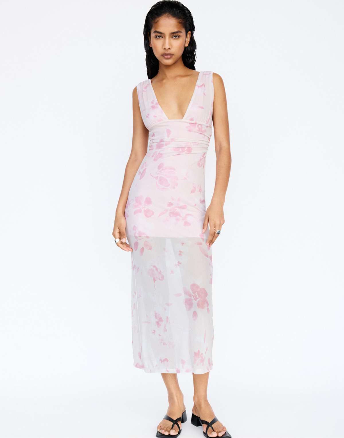 Pull&Bear pink floral halter midi dress in pink