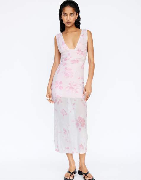Pull&Bear pink floral halter midi dress in pink