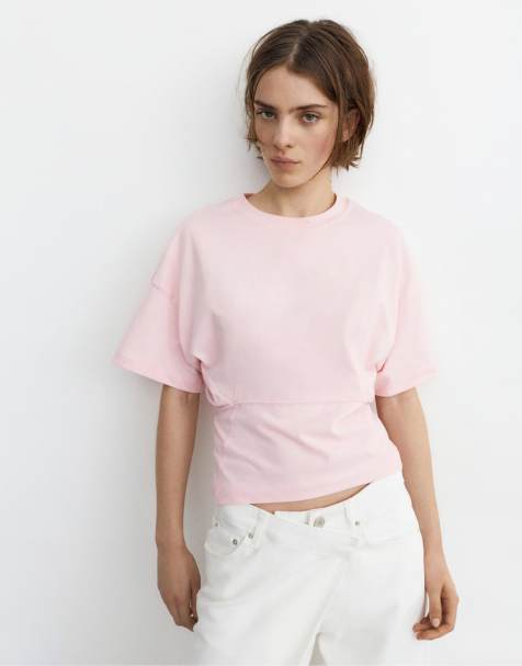 Pull&Bear - Pink T-shirt med firkantet panel - view 1