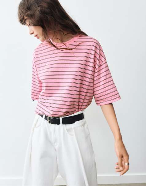 Pull&Bear - Pink T-shirt med korte ærmer og striber - view 1
