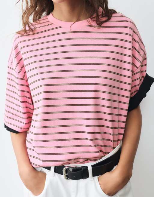 Pull&Bear - Pink T-shirt med korte ærmer og striber, 3 af 7