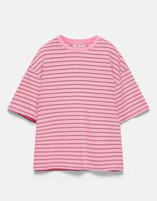 Pull&Bear - Pink T-shirt med korte ærmer og striber, 5 af 7