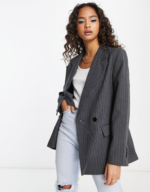 Pull&Bear pinstripe blazer co-ord in grey with contrast stripe | ASOS
