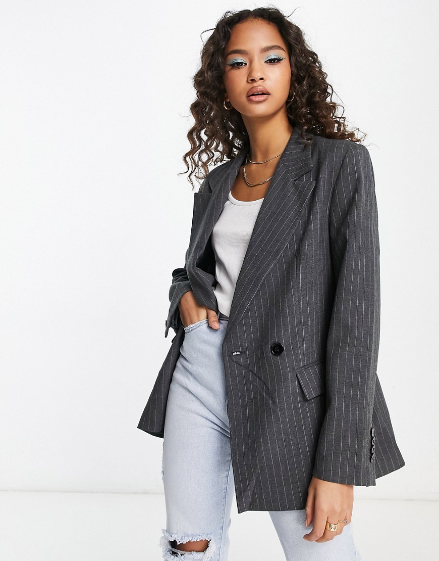Pull & Bear pinstripe blazer in gray with contrast stripe - part of a set