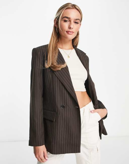 Pull&Bear pinstripe blazer with contrast stripe in brown | ASOS