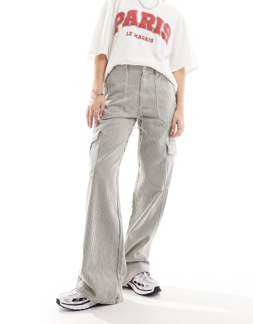 Pull&Bear pinstripe cargo pants in black & ecru
