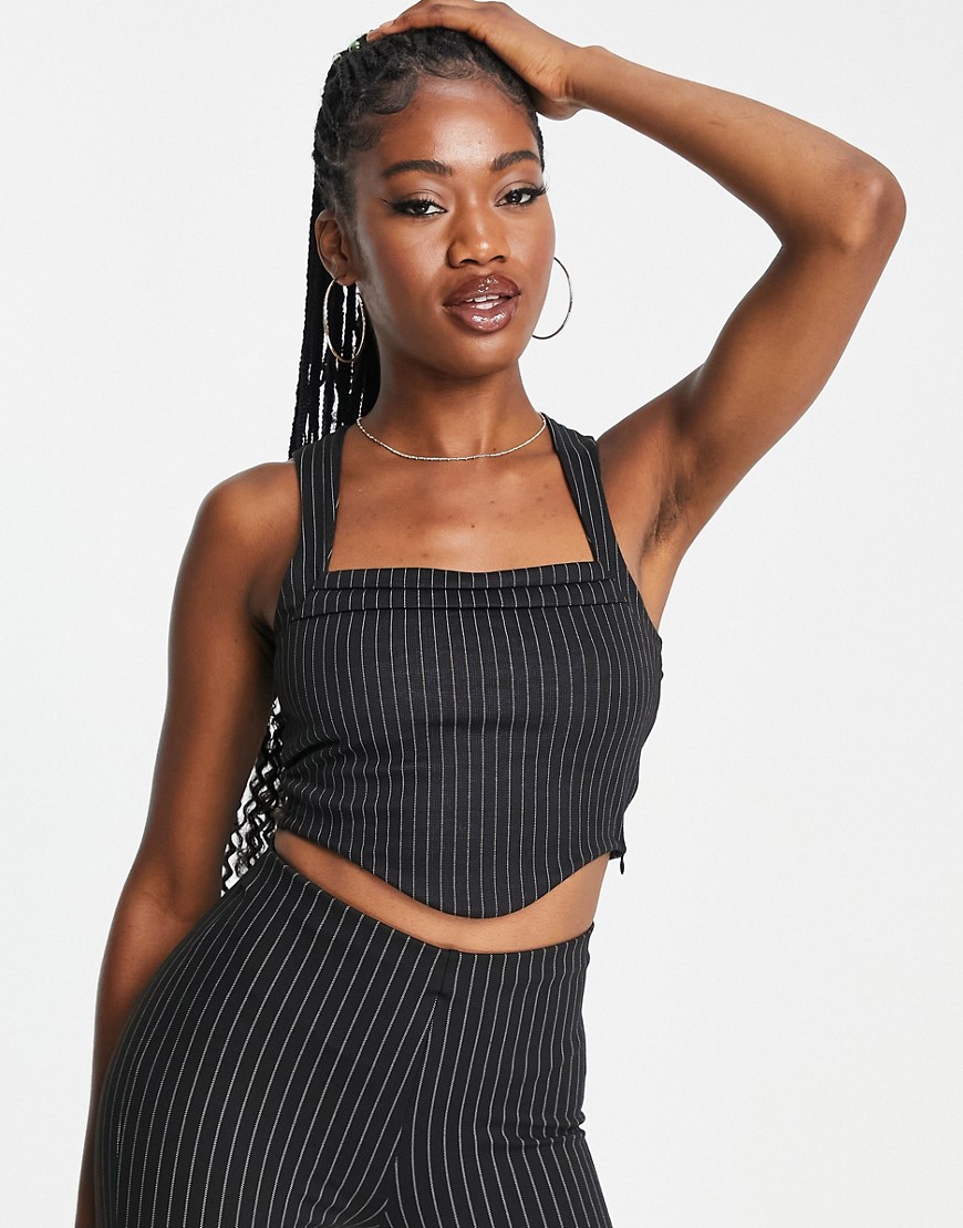 Pull & Bear pinstripe cropped corset top in black - part of a set