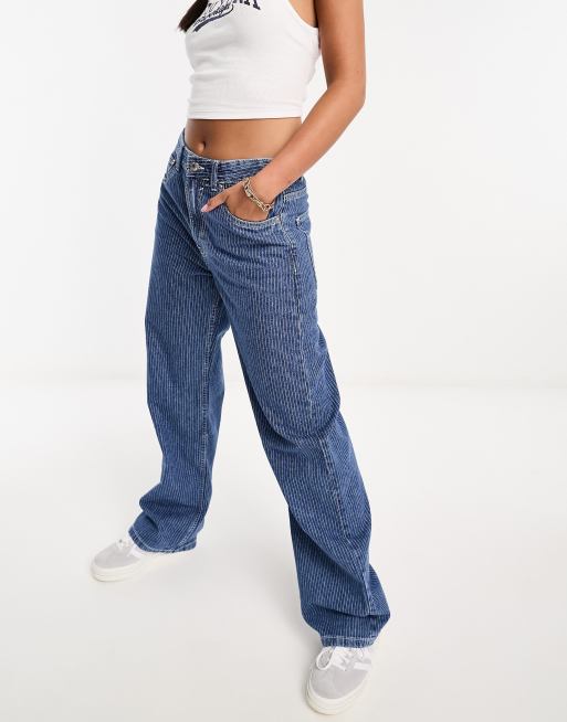 Pull&Bear pinstripe detail wide leg jeans in dark blue