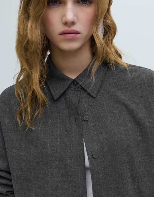 Pull&Bear Pinstripe shirt in grey, 3 of 4