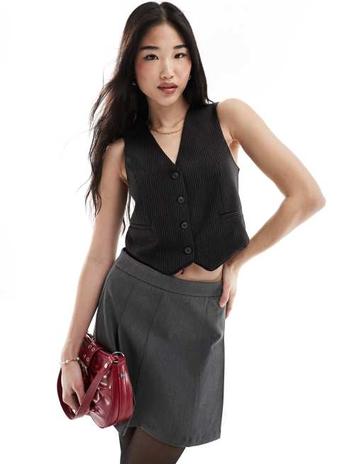 Pull&Bear pinstriped tailored vest with contrast edge in black - part of a set