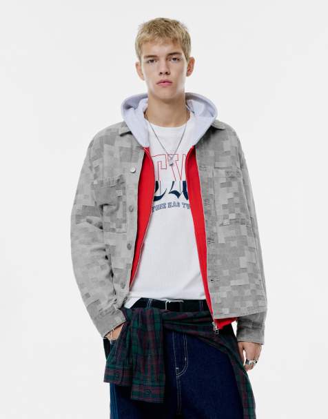 Pull&Bear Plaid jacquard denim shirt in pale grey - view 1