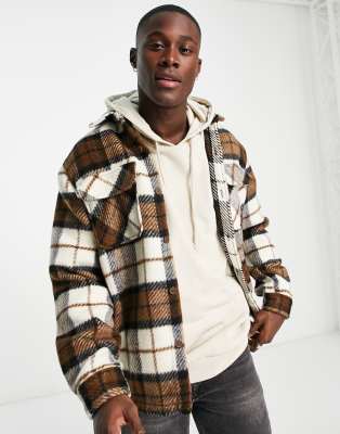 Pull&Bear plaid overshirt in brown | ASOS