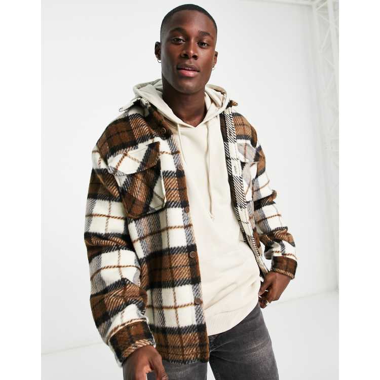 HOODED PLAID OVERSHIRT - Ecru / Brown