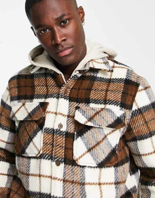 HOODED PLAID OVERSHIRT - Ecru / Brown