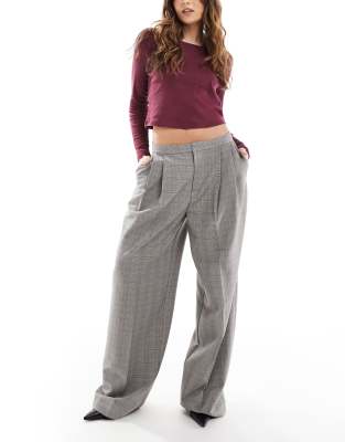 plaid wide leg tailored pants in gray