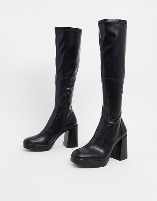 Pull&Bear platform heel knee boots in black | ASOS