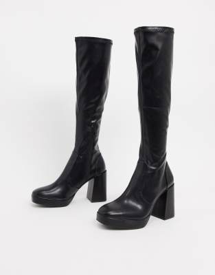 Pull&Bear platform heel knee boots in black