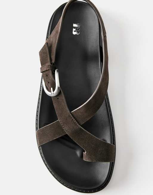Pull&Bear - Platte leren sandalen in bruin, 3 van 4