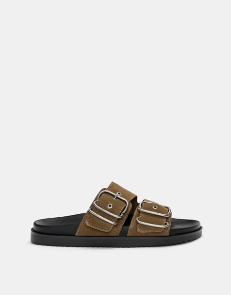Pull&Bear - Platte leren sandalen met gespen in bruin - view 1