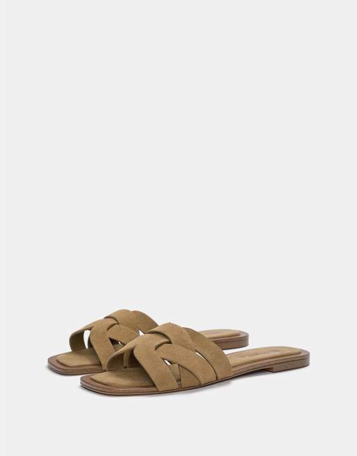 Pull&Bear - Platte sandalen van leer in bruin, 2 van 4