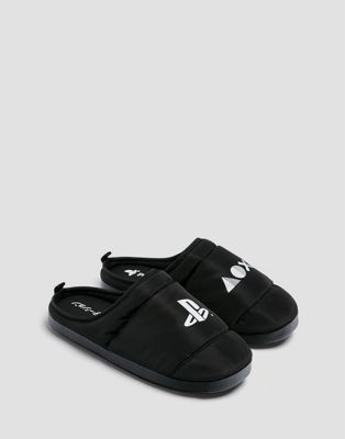 Pull&Bear Play Station puffer slippers in black