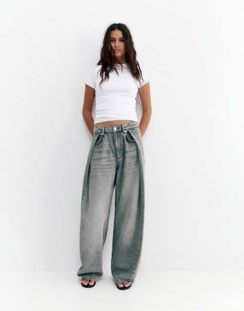 Pull&Bear Pleated balloon fit baggy jeans in grey - view 1