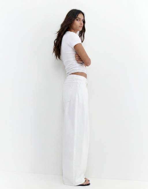 Pull&Bear Pleated balloon fit baggy jeans in white, 4 of 4