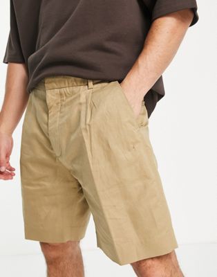 Pull&Bear pleated linen chino shorts in camel