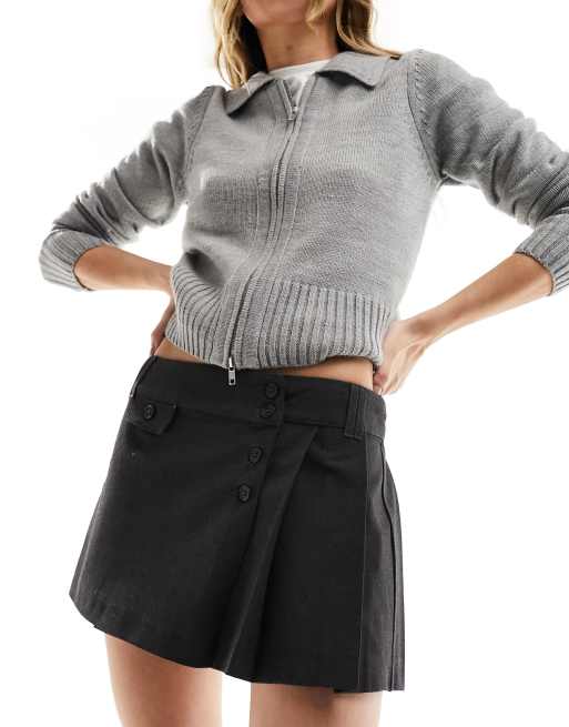 Pull&Bear pleated tailored micro mini skirt in dark grey ASOS