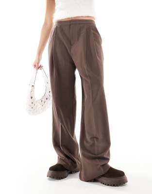 Pull & Bear Pleated Wide Leg Tailored Pants In Brown