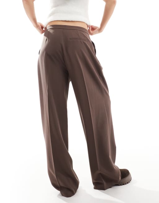 Pull&Bear pleated wide leg tailored pants in brown