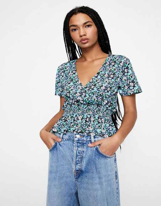 Pull Bear plisse floral printed top in green floral