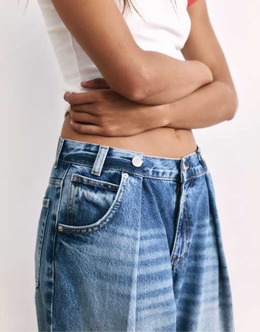 Pull&Bear plisserade baggy jeans med ballongpassform i mörkblått, 2 av 7