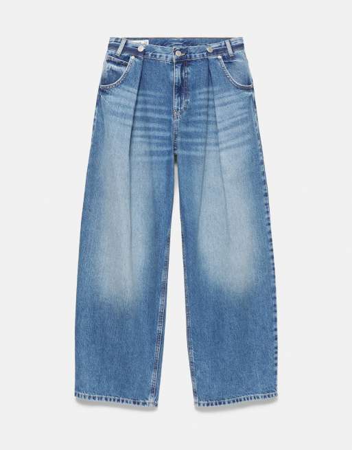Pull&Bear plisserade baggy jeans med ballongpassform i mörkblått, 5 av 7