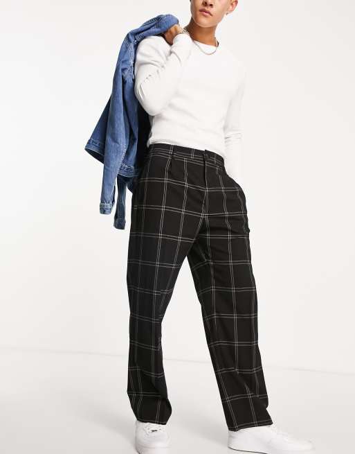Pull&Bear – Plissierte Hose in Schwarz kariert mit weitem Bein
