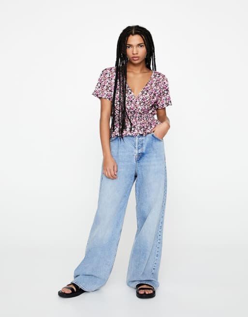 Pull&Bear – Plissiertes Oberteil in Rosa geblümt, 4 von 4