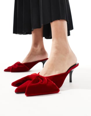 Pull&Bear pointed bow detail heeled shoes in red