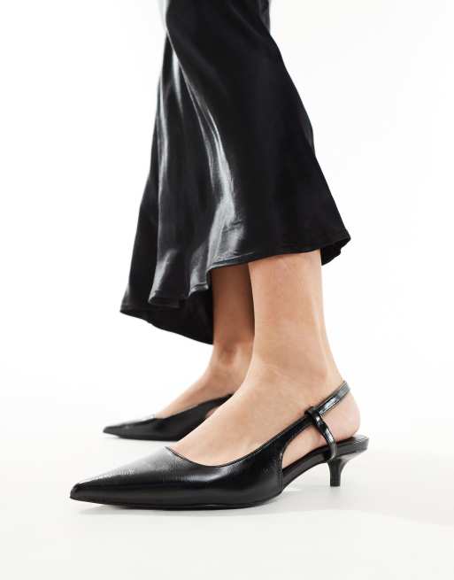 Pull Bear pointed toe sling black kitten heel in black